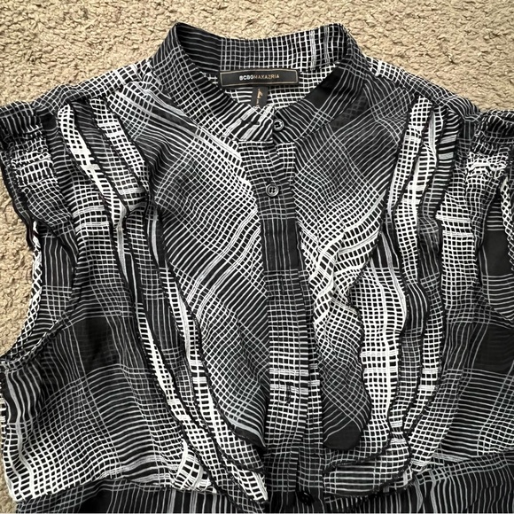 Bcbg maxazria pure silk collared blouse top black white gray monochrome - Picture 4 of 14